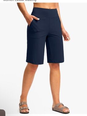 High-Rise Navy Women's Bermuda Shorts with Side Pockets